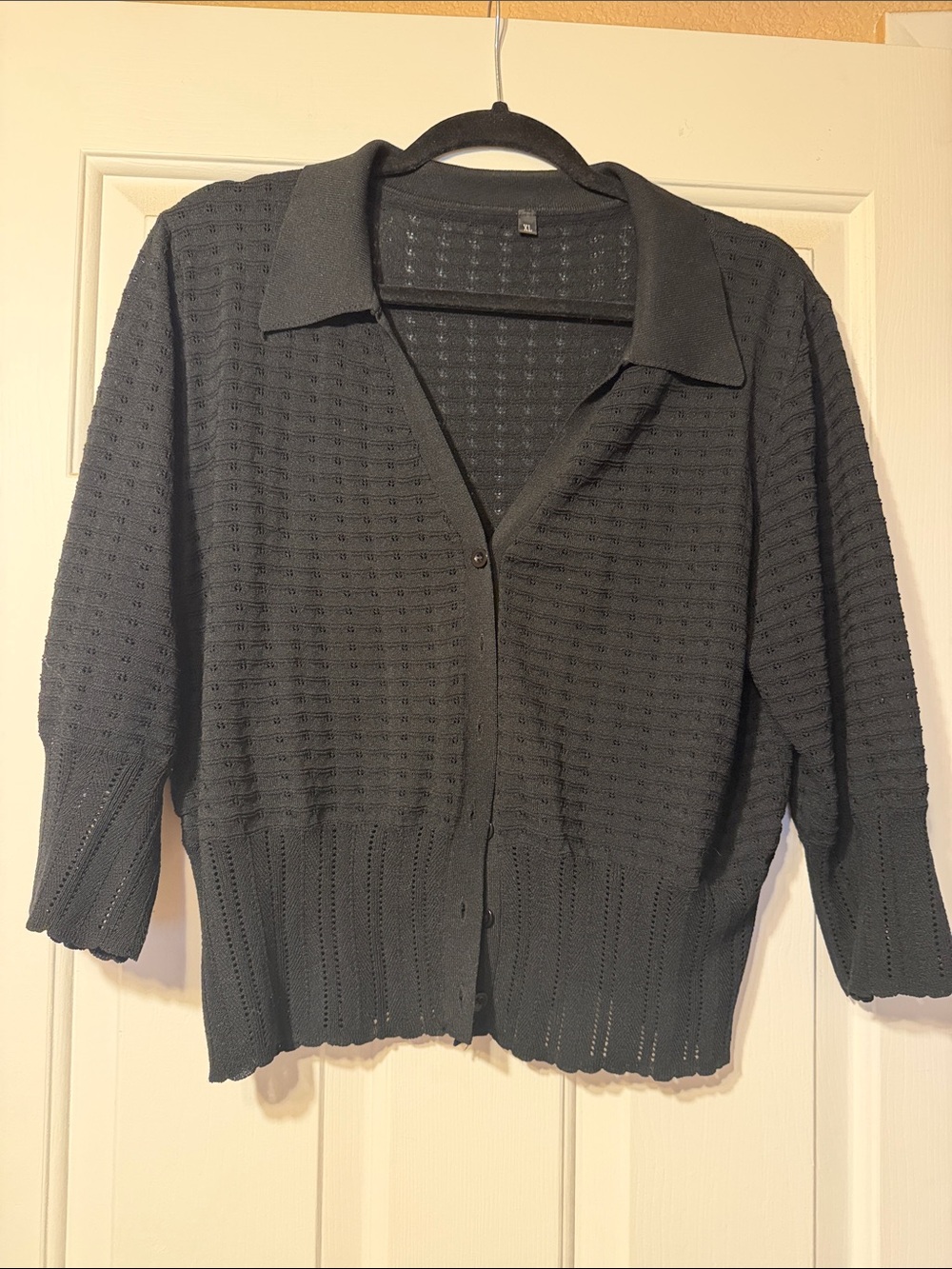 Amazon Black Open-Knit Collared Button-Up 3/4 Sleeve Cardigan